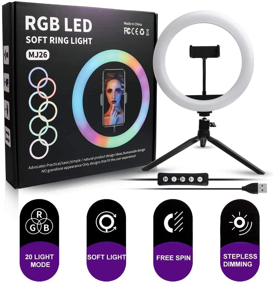 10.2" RGB LED Ring Light with Adjustable Tripod Stand and Phone Holder