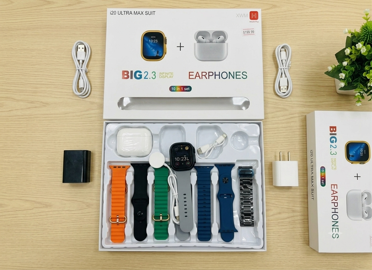 i20 Ultra Max Suit – 10 in 1 Smartwatch & Earphones Bundle | 7 Bands Included