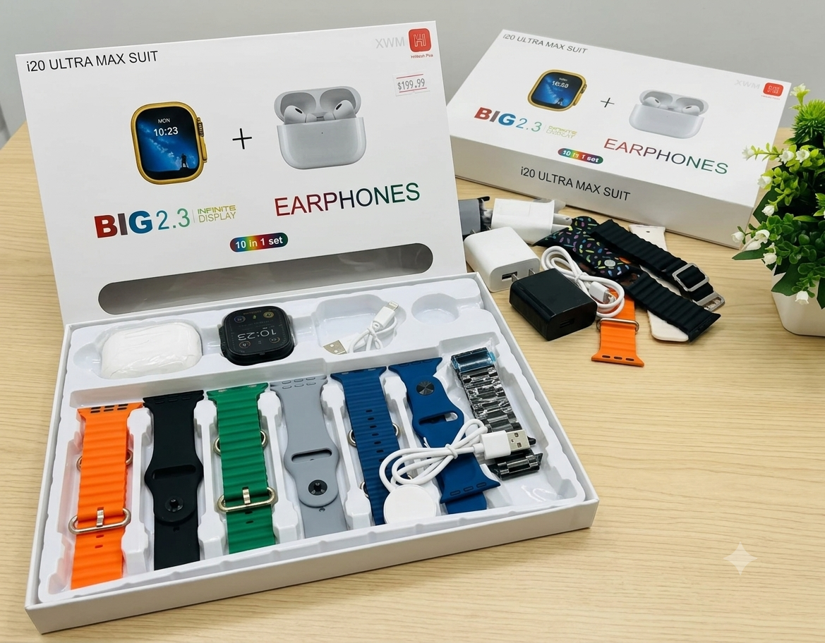 i20 Ultra Max Suit – 10 in 1 Smartwatch & Earphones Bundle | 7 Bands Included