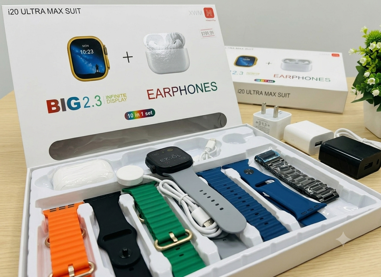 i20 Ultra Max Suit – 10 in 1 Smartwatch & Earphones Bundle | 7 Bands Included