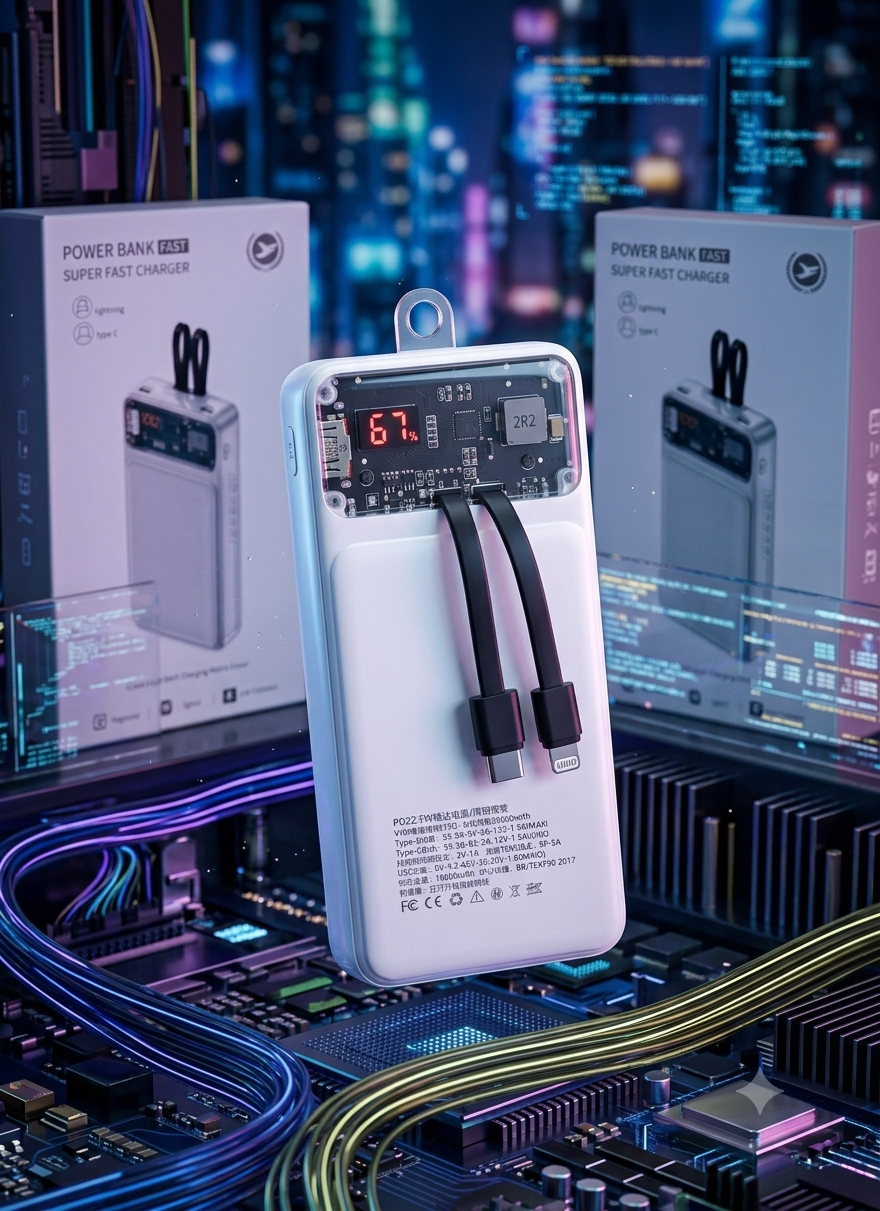 66W Fast Charging Power Bank 20000mAh with Built-in Type-C & Lightning Cables