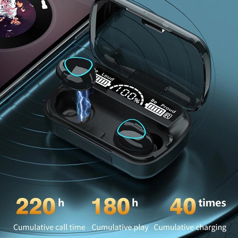 Ergonomic Black Bluetooth Earbuds with Touch Controls and LED Battery Screen