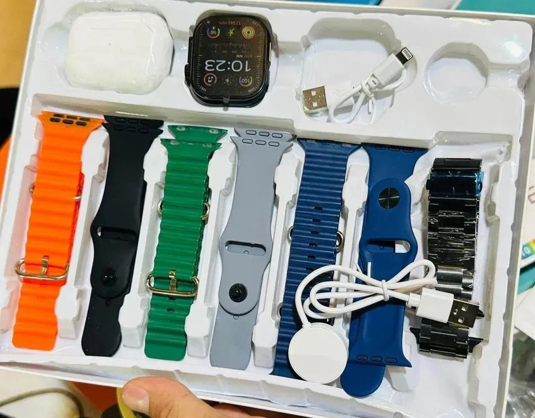 i20 Ultra Max Suit – 10 in 1 Smartwatch & Earphones Bundle | 7 Bands Included
