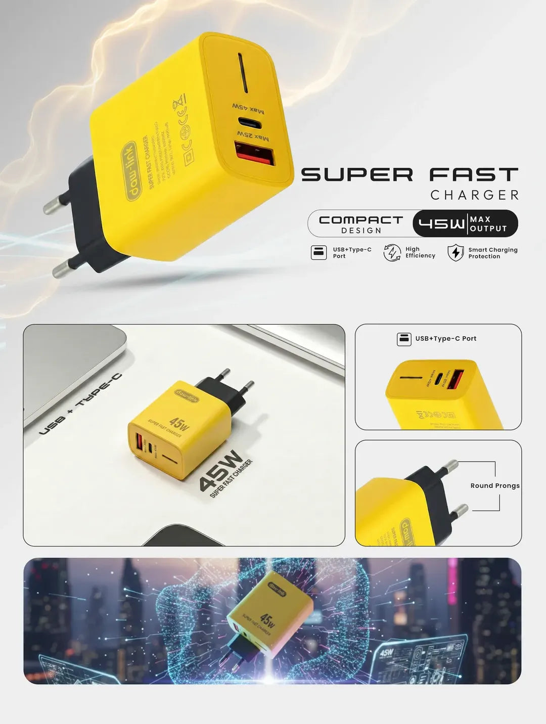 120W 4-in-1 Quick Charging Wall Adapter with USB & Type-C Ports