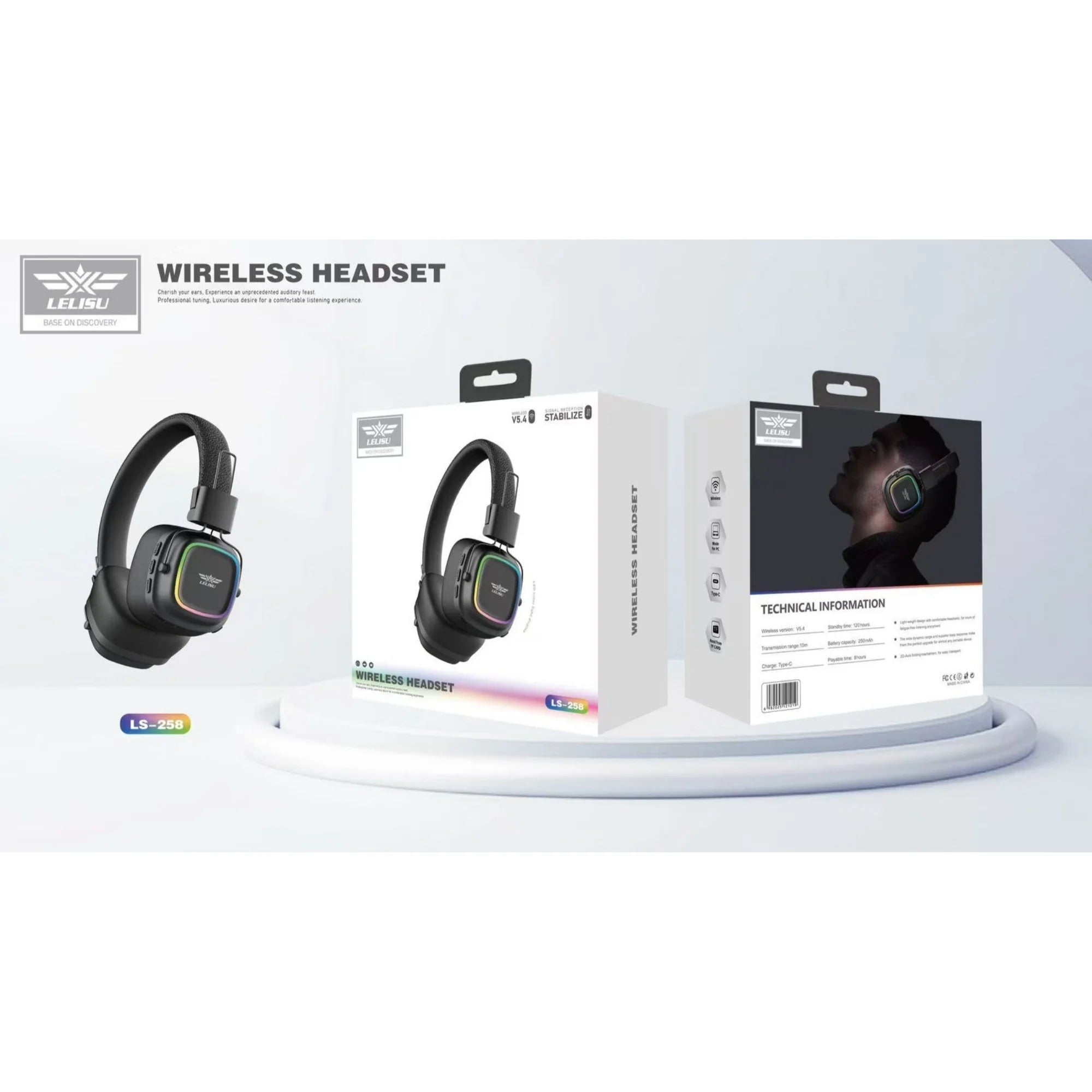 Lelisu LS-258 RGB headphones with box front and side view